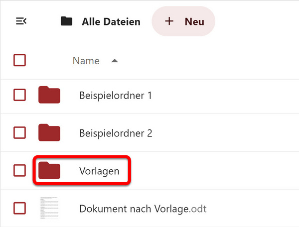 Der Vorlagenordner taucht in der Liste auf
