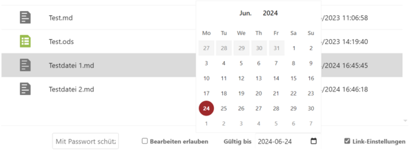 Link-Einstellungen und Kalender