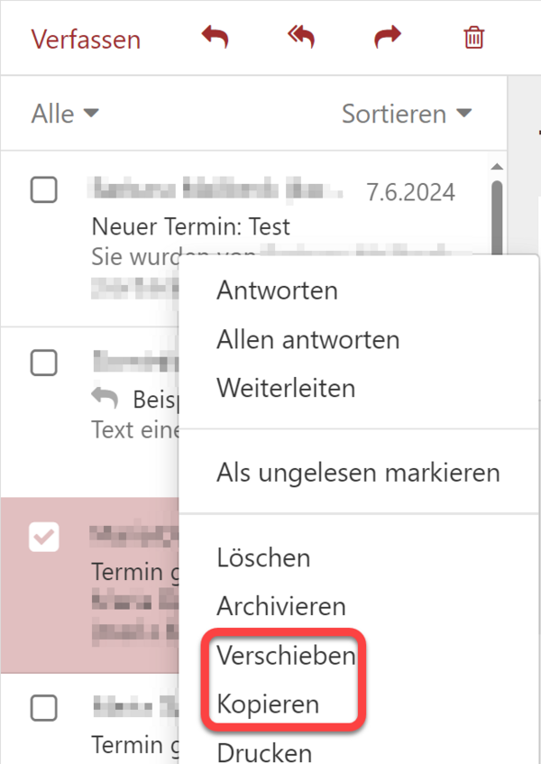 Die Punkte "Verschieben" und "Kopieren" im Kontextmenü