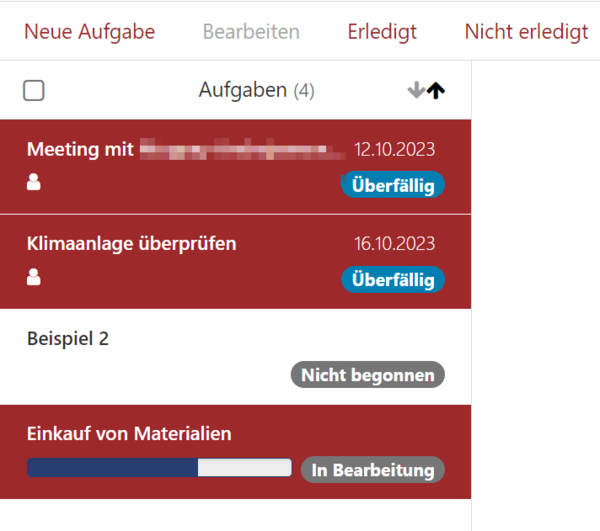 Auswahl mehrerer Aufgaben aus der Aufgabenliste, darüber die Werkzeugleiste mit der Schaltfläche "Erledigt"