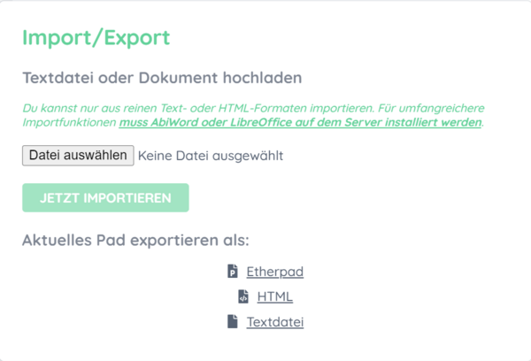 Die Seite "Import/Export" mit den Schaltflächen "Datei auswählen" und "Jetzt importieren" sowie einer Auswahl an Dateiformaten für den Export