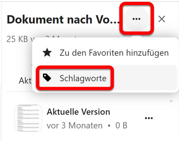 Die Schaltfläche "Schlagworte" im Drei-Punkte-Menü