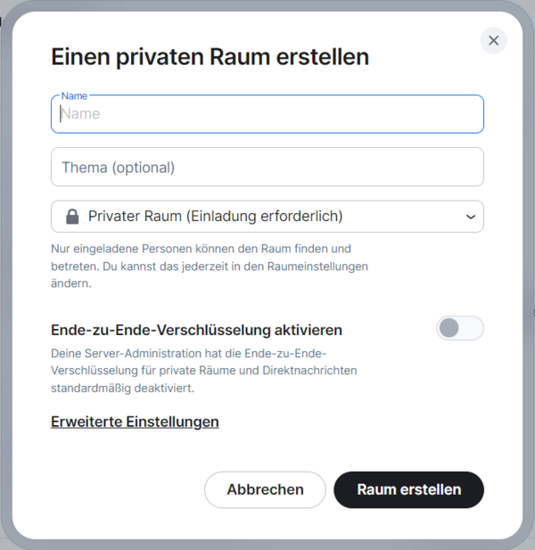 Raumeinstellungen und Namenvergabe